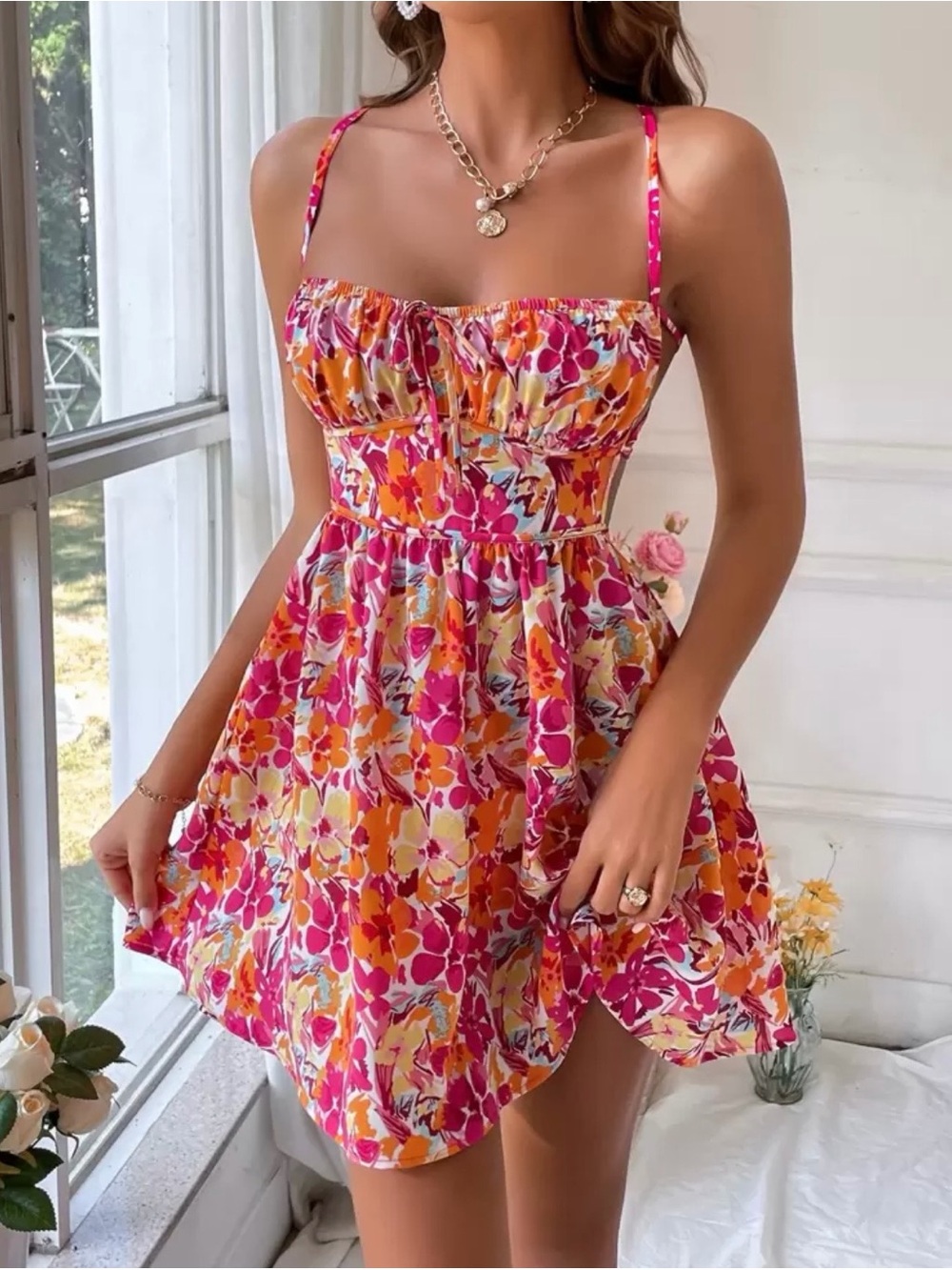 SHEIN Pink & Yellow Floral Mini Sundress with Adjustable Straps
